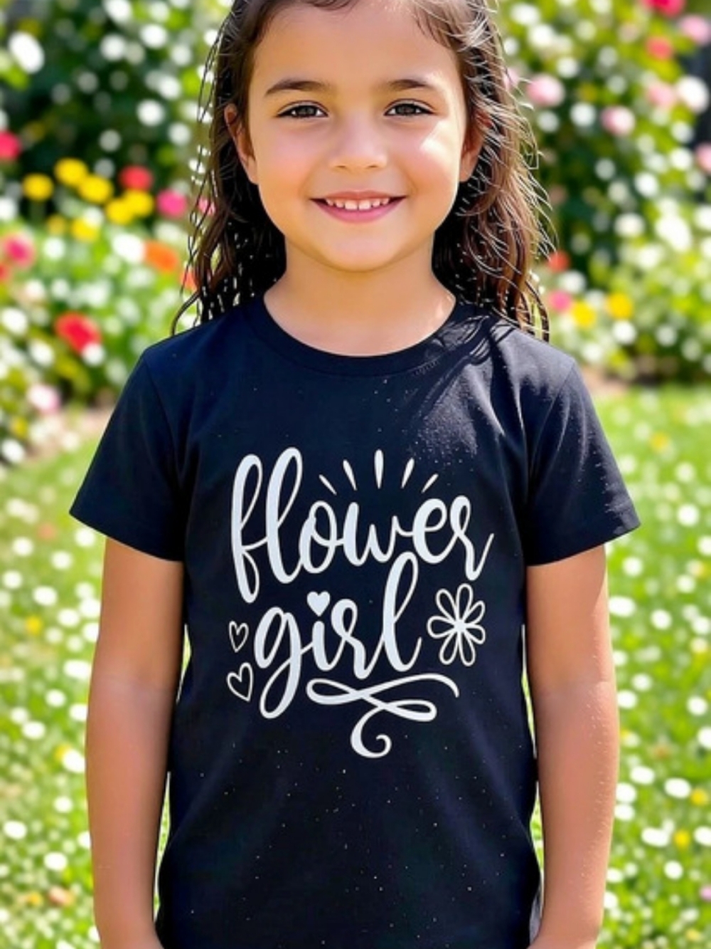 New Girls Wedding Rehearsal "Flower Girl" Black Cotton Graphic Tee